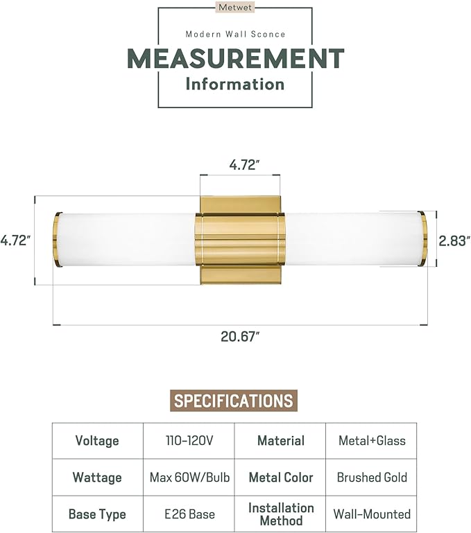 Bathroom Light Fixtures Set of 2, 2 Light Vanity Lights for Mirror with Milk Glass Shade, Up and Down Wall Sconces for Bathroom Bedroom Hallway, Brushed Gold, VL834-BG-ML-2PK