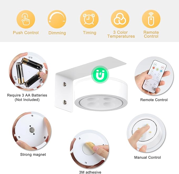 4-Pack Battery Picture Lights, Remote Painting Light for Art Disaplay,Magnetic LED Wall Picture Light, Dimmable & Timer, 3 Lighting Modes Art Display Light for Gallery Dartboard Frame Pictures, White