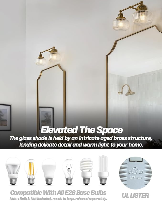 Double Vintage Wall Sconces 2-Lights Brass Gold Bathroom Vanity Light with Clear Striped Glass Shade Indoor Hardwire Wall Sconce Lighting for Bathroom Living Room Bedroom Kitchen