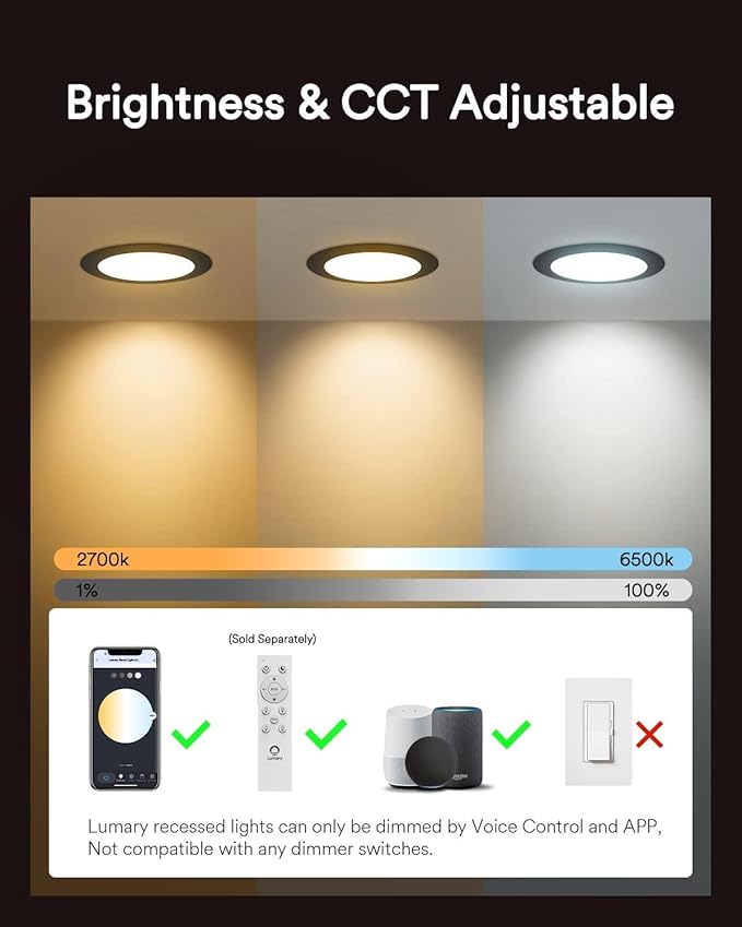 Lumary Smart Recessed Lighting 6 Inch, Color Changing LED Recessed Lights with J-Box 13W 1000LM, Dimmable Canless Wafer Downlight, Work with Alexa/Google Assistant, ETL Listed, 6Inch 1 Pack, Black