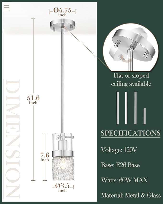 LMS Brushed Nickel Pendant Lights Kitchen Island, 1-Light Modern Glass Pendant Light Fixtures with Hammered Glass, Adjustable Mini Hanging Light for Kitchen Island Sink Bathroom, LMS-199