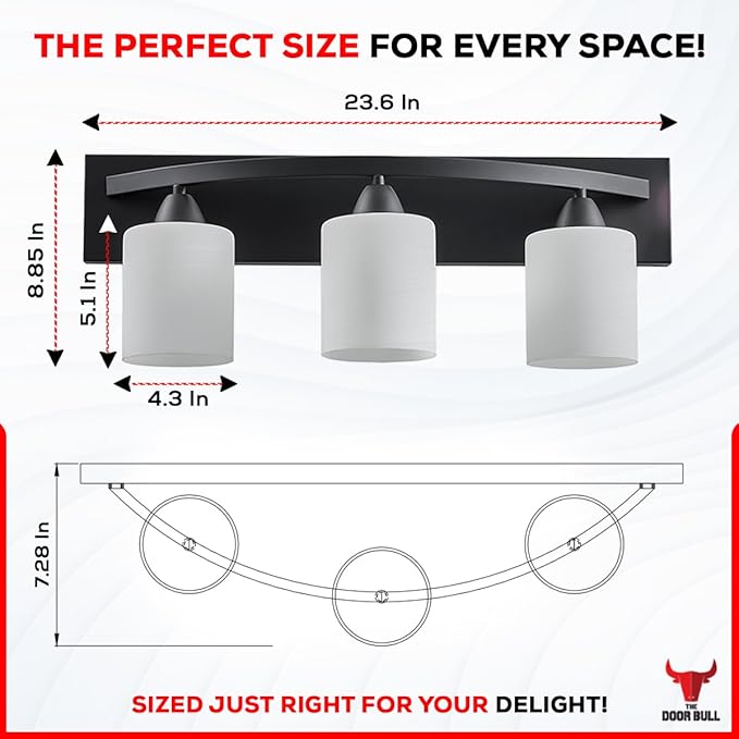 The Door Bull Modern 3-Light Bathroom Vanity Light – Matte Black Fixture with Frosted Glass Shades, E26 Socket – Wall Sconce for Mirror, Bathroom, Kitchen, Hallway, Entryway