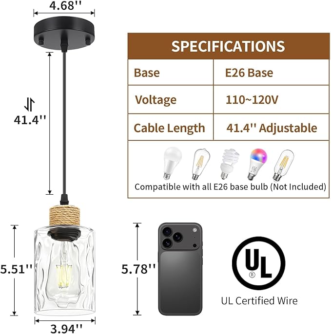 2 Pack Farmhouse Pendant Lights for Kitchen Island, Water Ripple Glass Hanging Light Fixture, E26 Black Island Lights for Kitchen, Dining Room, Bedroom, 41" Adjustable Cord, Bulb Not Included