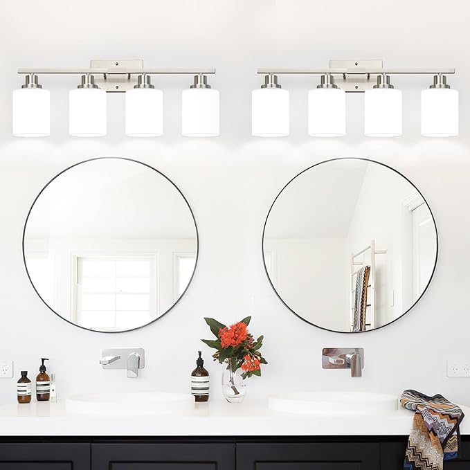 MOKATNG 4-Light Vanity Light with Milky White Shades, Brushed Nickel Bathroom Lighting Fixtures Over Mirror, Modern Bathroom Wall Lamp for Mirror Living Room Cabinet Bedroom