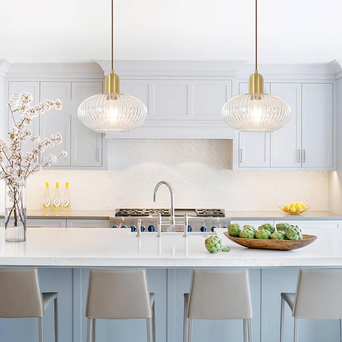 Lxybcce Mid Century Gold Pendant Light, Modern Globe Pendant Lights Kitchen Island, Minimalist Ribbed Island Light with Clear Glass, Adjustable Hanging Light Ceiling Hanging Lamp for Dining Room