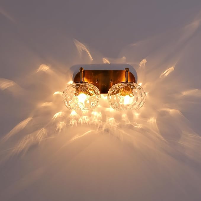 Brushed Gold Vanity Light Clear Hammered Glass Wall Sconce 2-Light Brass Wall Lamp for Hallway Living Room Stairwell Bathroom Over Mirror