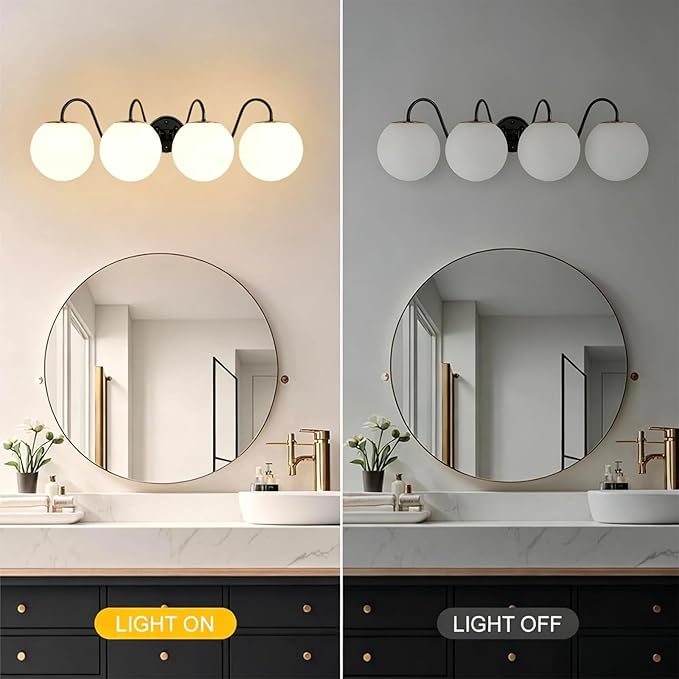 4 Lights Vintage Bathroom Vanity Light Fixtures Over Mirror, Matte Black Vanity Lights For Bathroom With Milk White Glass Globe Shade, Wall Lights For Bedroom, Hallway, Dressing Table(Includ G9 Bulbs)