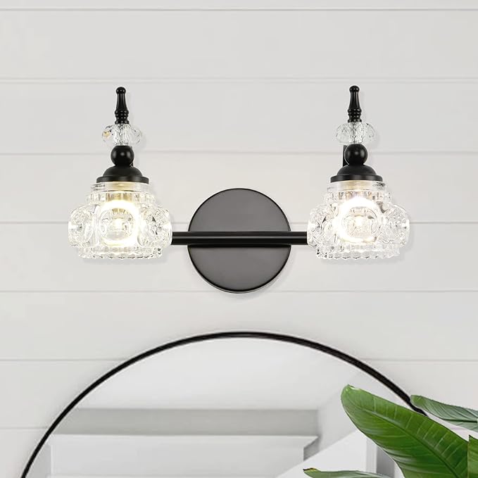 WJShome 2 Light Black Bathroom Vanity Light, Bathroom Vanity Lights Over Mirror, with Fine Chunky Crystal Glass Light Shade for Bedroom Living Room Bathroom Hallway Patio