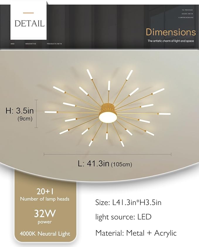 LED Firework Ceiling Light, 20+1 Lights Modern Metal Flush Mount Ceiling Light, 4000K Gold Sputnik Chandelier for Dining Room Bedroom Kitchen, 32W Farmhouse Flower Shape Ceiling Lamp