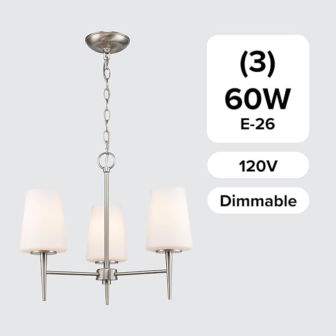 Montgomery 3-Light Chandelier | Brushed Nickel Finish with White Frosted Glass Shade | Adjustable Hanging Height | Uses E26 Medium Base Bulb (Nickel, Chandelier)