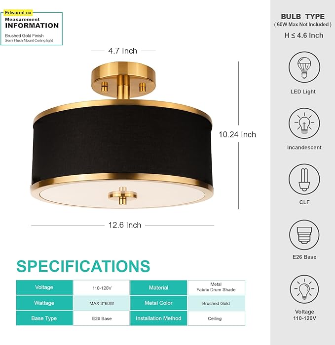 3-Light Semi Flush Mount Ceiling Light Fixture, 12.6" Gold Drum Light with Black Fabric Shade, Modern Close to Ceiling Light for Living Room Bedroom Dining Room Kitchen Hallway Entry Foyer