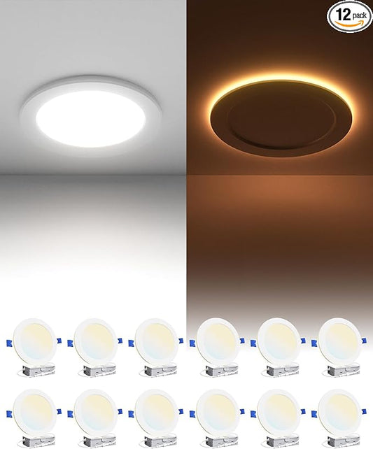 Ensenior 12 Pack 6 Inch LED Recessed Ceiling Light with Night Light, Dimmable, 2700K-5000K 5CCT, 1050LM 12W 120V, High Brightness Canless Wafer Downlight - FCC