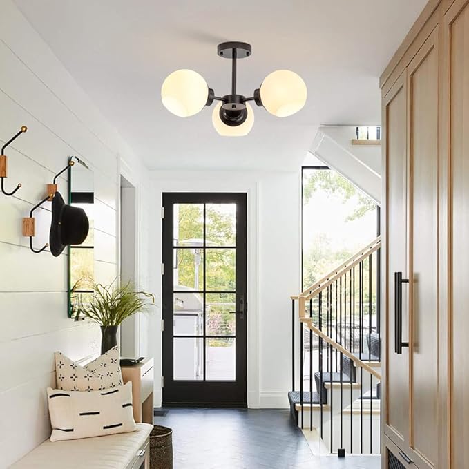 3 Light Sputnik Chandeliers Black Mid Century Semi Flush Mount Ceiling Light Frosted Globe Glass Modern Close to Ceiling Light Fixture for Bedroom Living Room Entryway Hallway