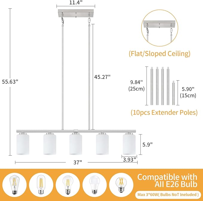 Brushed Nickel Island Lights for Kitchen, 5-Light Modern Dining Room Light Fixtures Over Table Glass Penadnt Lights Adjustable Kitchen Hanging Light Fixtures Linear Farmhouse Chandeliers Over Island