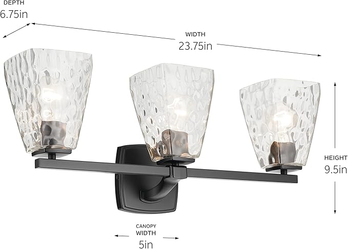 Kichler Marant 21.25" 3-Light Bathroom Vanity Light Fixture with Clear Water Glass in Black, Modern Wall Mount Over Mirror for Powder Room (21.25" W x 9.5" H), 55216BKWTR