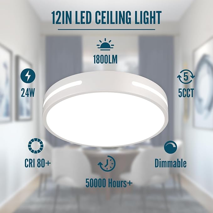 LED Ceiling Light Flush Mount 24W, White Bedroom Light Fixture Ceiling Mount Dimmable, 12 inch Close to Ceiling Light Fixture 5CCT for Kitchen, Bathroom, Living Room