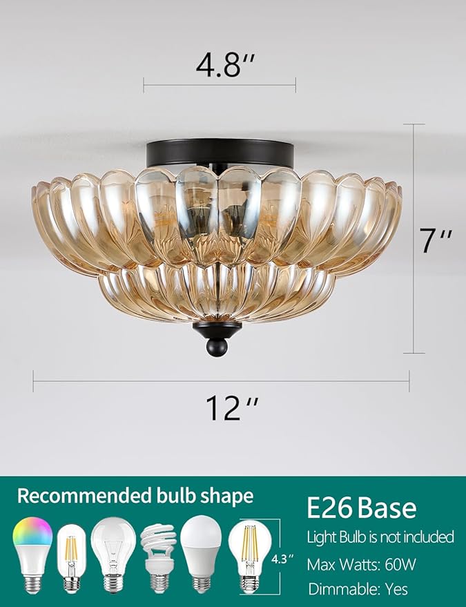 Semi Flush Mount Ceiling Light, Amber Glass Ceiling Light Fixture, 3-Bulb Modern Black Close to Ceiling Light, Vintage Glass Ceiling Lights for Bedroom Kitchen Living Room, Bulb Not Included