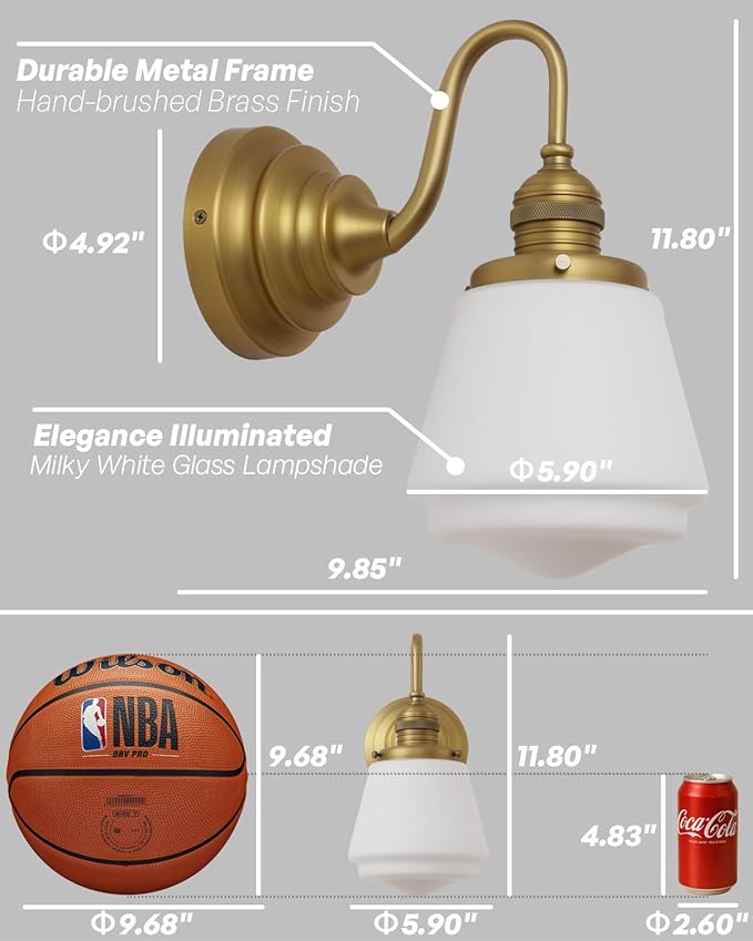 Vintage Wall Sconce Antique Brass Gold Bathroom Vanity Light with Frosted Milk Glass Shade Indoor Hardwire Wall Mounted Lamp Light for Bathroom Mirror Living Room Bedroom Kitchen