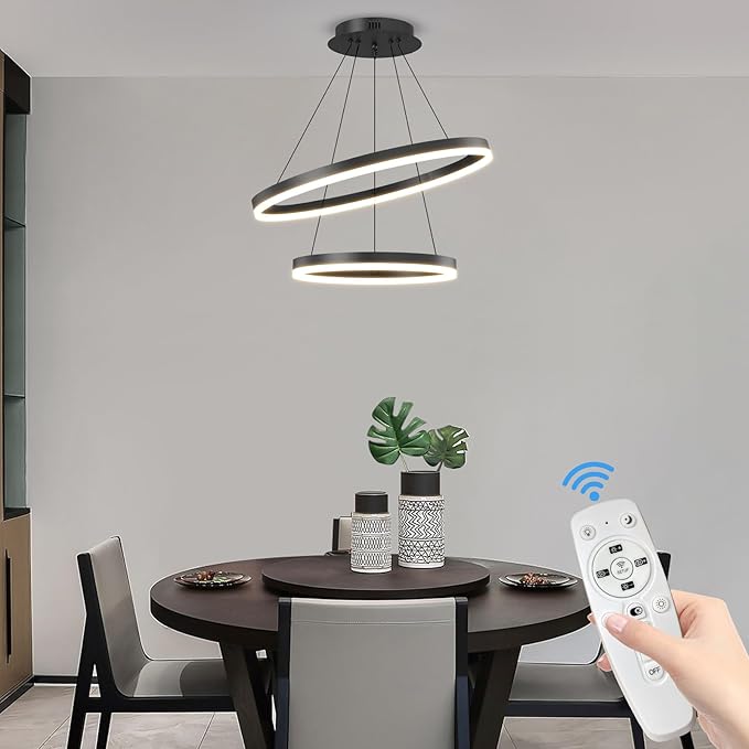 2 Ring Dimmable LED Modern Chandelier, Adjustable Hanging Foyer Pendant Light for Kitchen Island, Living Room, Entryway, 3000K-6500K Black Ceiling Pendant Light Fixture Over Dining Table Lighting