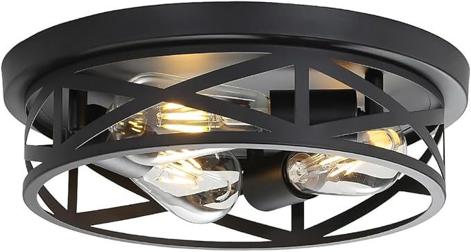 13 Inch Black Farmhouse Close to Ceiling Lights, Farmhouse Metal Cage Flush Mount Ceiling Light 3-Lights, Black Industrial Semi Flush Mount Ceiling Light for House Hallway Kitchen Bedroom