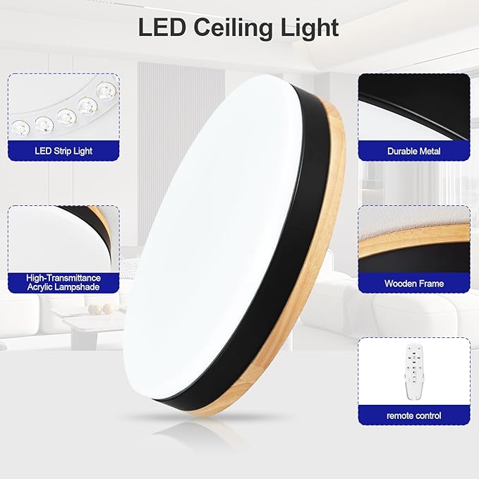 Dimmable Wood LED Flush Mount Ceiling Light with Remote, 24W 3CCT 3000K-6500K Adjustable Close to Ceiling Light Fixture, 11.8inch Black Round Ceiling Lamp for Kitchen, Bedroom, Living Room