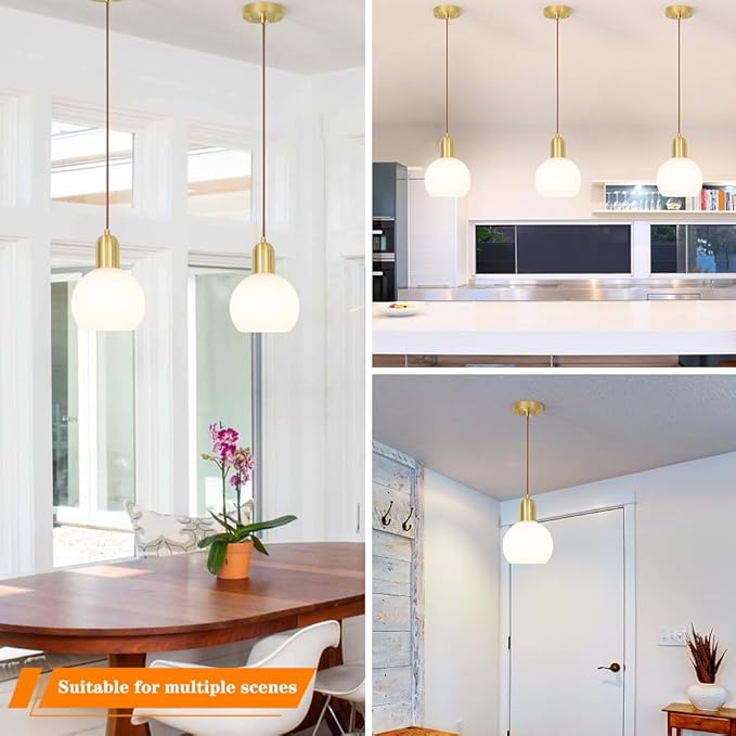 Mid Century Pendant Light with White Striped Glass, Ribbed Pendant Lighting, Brass Gold Kitchen Island Light, Globe Pendant Light Fixture, Adjustable Hanging Light for Barthroom Dining Room Hallway