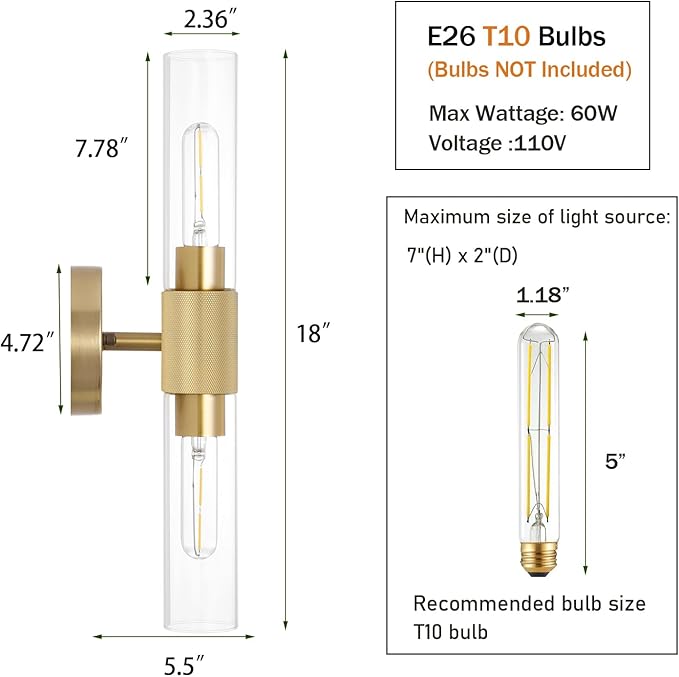BYOLIIMA Gold Knurled Texture Wall Sconce Clear Glass Shade Modern Bathroom Vanity Light Fixtures 2-Lights Mid Century Wall Light for Mirror Living Room Hallway E26 T10 Bulbs(Excluded)