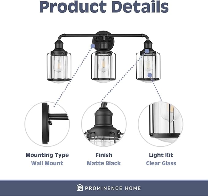 Prominence Home Lincoln Woods 3 Light Matte Black Industrial Bathroom Vanity Light with Cage and Clear Glass - 51545-01