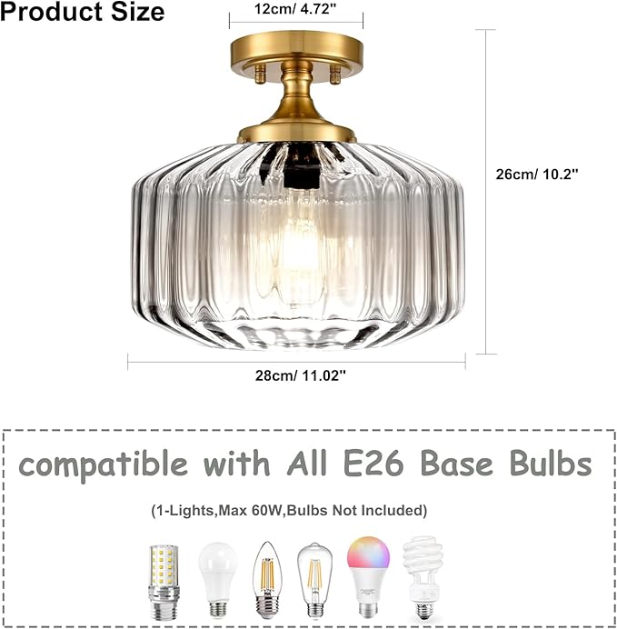 Semi Flush Mount Ceiling Light with 11.02" Clear Seeded Glass Shade, E26 Base Gold Mid Century Chandelier Farmhouse Light Fixture for Hallway Bathroom Entryway