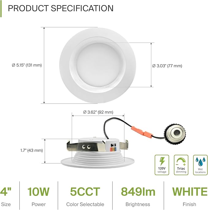 ASD 6 Pack 4 Inch Retrofit LED Recessed Light - 10W 2700K-5000K 849LM Retrofit LED Recessed Lighting 4 Inch, Dimmable Recessed Lights, Wet Rated Baffle Trim Can Lights, ETL, Energy Star
