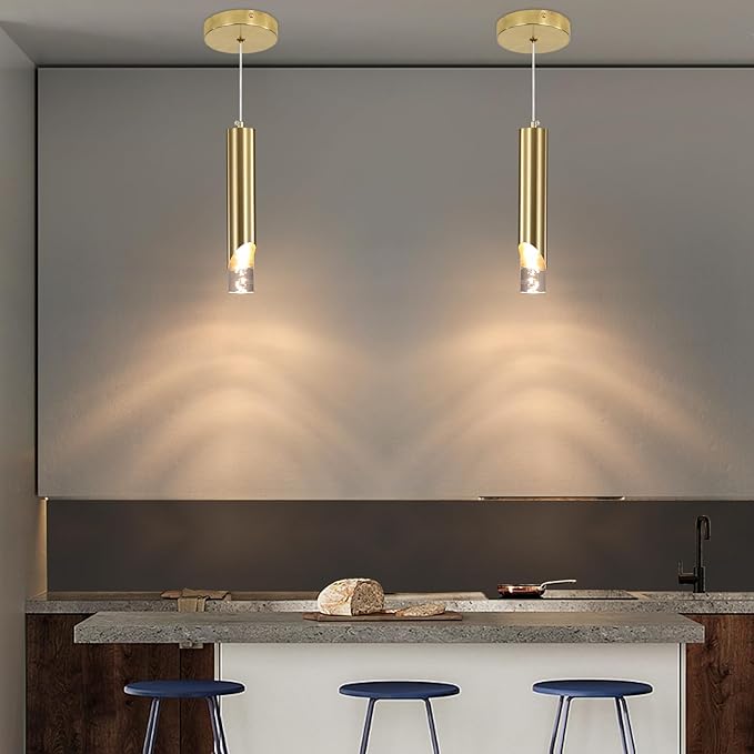 2 Pack Modern Gold Pendant Light Fixture, Acrylic Bubble Cylinder Hanging Lights, 3 Color Temperatures, Minimalist Ceiling Chandelier Lighting for Dining Room, Bedroom, Hallway, Bar, Kitchen Island