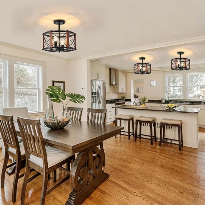 4-Light Rustic Farmhouse Semi Flush Mount Ceiling Light, Modern Entryway Hallway Light Fixtures Oak Wood Drum Kitchen Lights Black Close to Ceiling Light for Kitchen Bedroom Dining Room Foyer Lighting