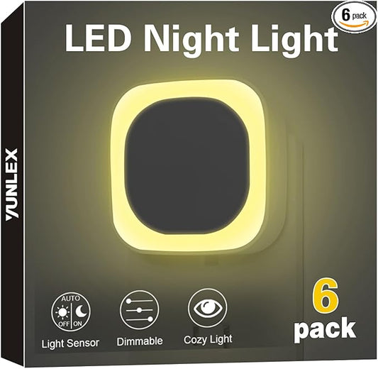 YUNLEX 6 Pack Warm White Night Light, Gentle Eye-Care with Dimmable Soft Glow & Indirect Reflection, Auto Dusk to Dawn Sensor, Plug in Nightlight for Bathroom,Kitchen, Hallway, as Mother Gifts
