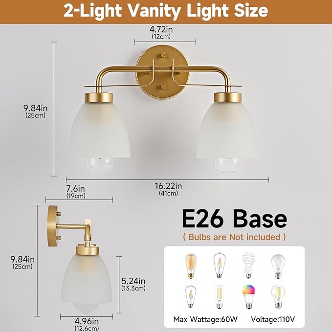 16 Inch Mid-Century Modern Vanity Lights, 2-Light Golden Bathroom Light Fixture with Frosted White Bell Shades, Industrial Wall Sconce for Mirror Over Vanity, Bedroom, Hallway (2 Pack)