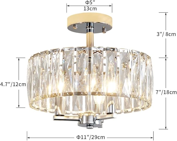 AGV LIGHTING CL003F K9 Crystal Ceiling Light Fixture, Modern Semi Flush Ceiling Lights, Perfect for Living Room, Bedroom, Dining Room, D13 x H15, 3-Light Chrome Finish