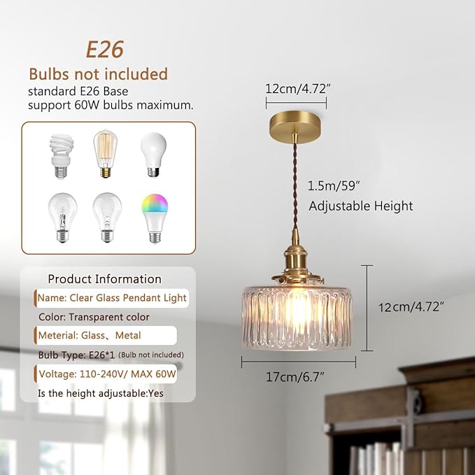 Glass Hanging Lights One-Light Vintage Pendant Light Fixtures Clear Striped Glass Shade Mid Century Modern Pendant Light Gold Brass Light Fixture Adjustable Cord for Dining Room Hallway