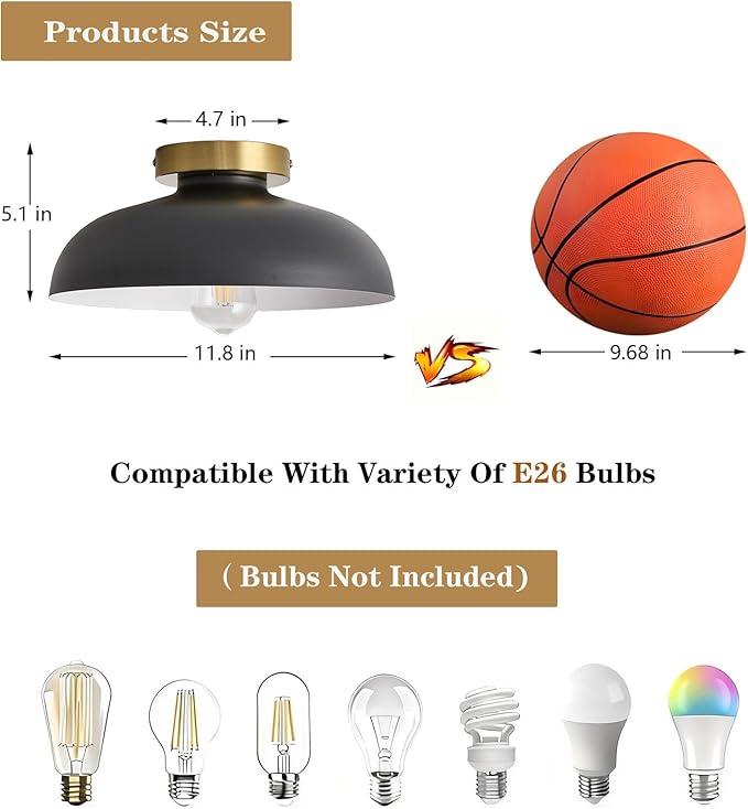 Modern Semi Flush Mount Ceiling Light,Industrial Black and Gold Ceiling Fixtures,E26 Ceramic Lamp Head Light Fixture for Kitchen Entryway Hallway Laundry Room Bedroom Foyer(11.8 Inch)