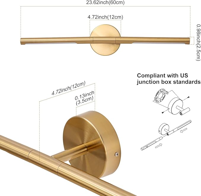 Gold Bathroom Light Fixtures Over Mirror 24 Inch, 18W 360° Rotatable Dimmable 4000K Led Brass Vanity Lighting Fixture, Brushed Gold Bathroom Vanity Lights Above Mirror