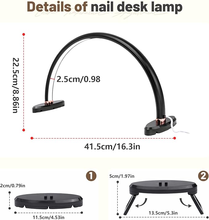BZJ 16 inch Half Moon Light for Nail Desk Portable Nail Light with Liftable Base Desk Lamp No Flicker & Shadow for Desk Salon Table Use, 3 Color Temperature