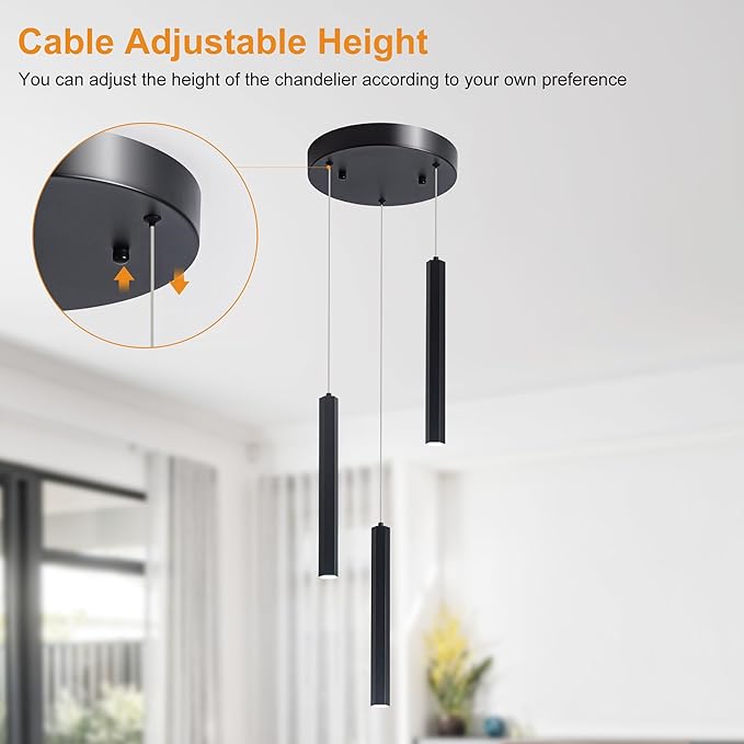 3-Light Modern Pendant Lights with Adjustable Height, Matte Black Finish Dimmable Hanging Light, 3000-6000K Pendant Lighting for Kitchen Island Dining Room (Black, 3-Light)