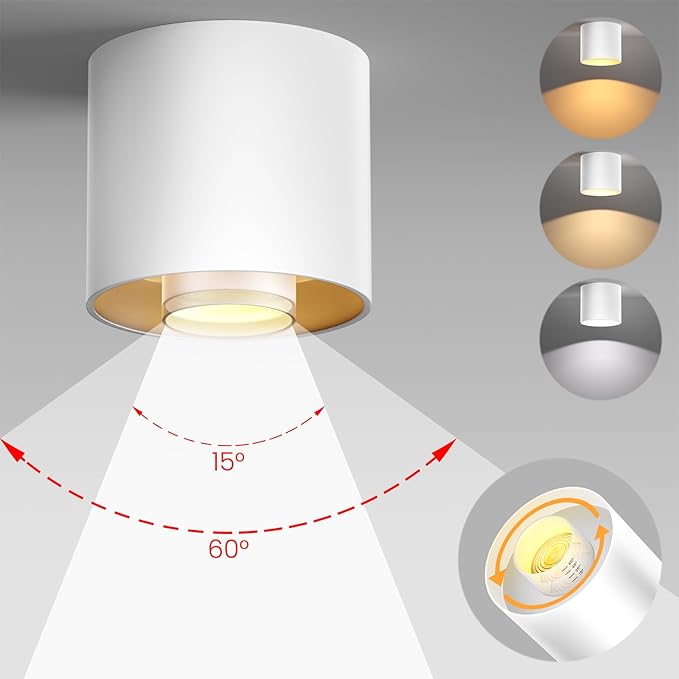 3-Color&Watt Zoomable Ceiling Spotlight Fixtures, Flush Mount Ceiling Light Fixture Dimmable LED Spot Lights Indoor, 4.72" Cylinder Light for Hallway Kitchen Entryway Foyer, 30W White