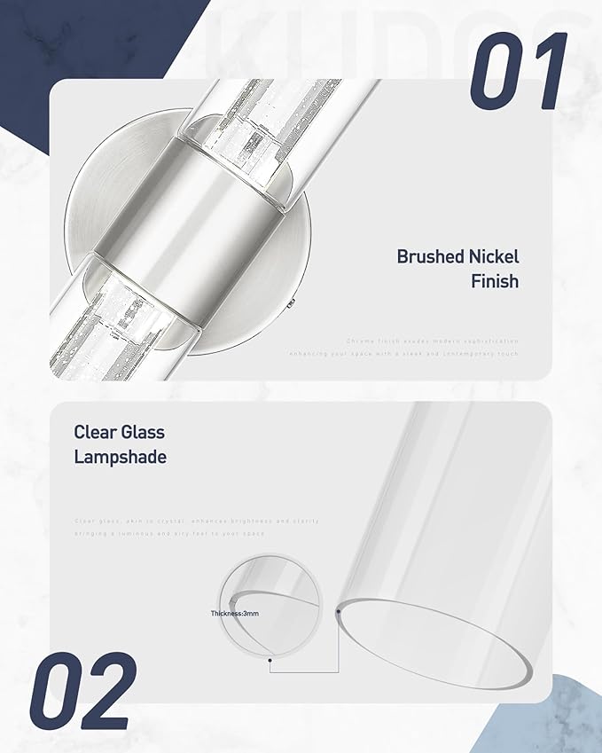 kudos Brushed Nickel Modern Sconces Wall Lighting,2 Pack LED Bathroom Vanity Light Fixtures with Crystal Bubble and Clear Glass, 3000K/4500K/6000K Adjustable, KDVL05-BN-2-2PK