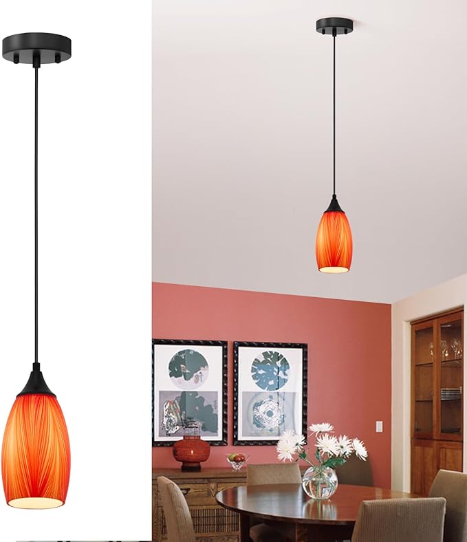 ANYLOVE Vintage Art Orange Pendant Lighting,1-Pack Hand Glass Hanging Light Fixture,Adjustable Cord for Kitchen,Hallway,Dining Room