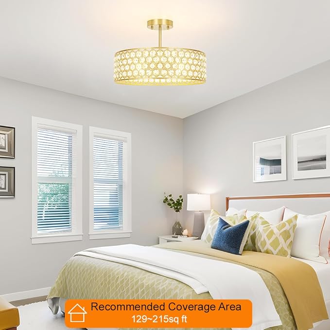 Gold Crystal Ceiling Light Fixture - Modern Semi Flush Mount Ceiling Chandelier Lighting for Kitchen, Dazzling Prism Chandelier for Bedroom, Bathroom, Dining Room, 5 Light, 16 in