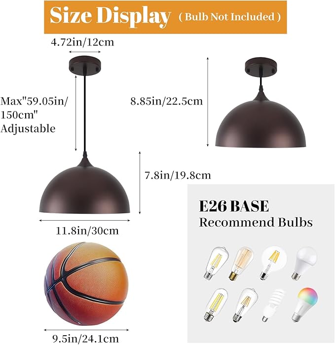 Farmhouse Pendant Light 2 Pack, Vintage Pendant Light Fixtures, Brown Kitchen Pendant Lighting, 11.8 inches Dome Kitchen Pendant Lights, Industrial Pendant Lights for Island Dining Room Bed Room