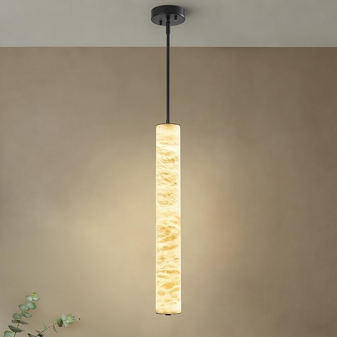 LMQNINE Natural Alabaster Pendant Lights White Marble 24" Long Tube Adjustable Boom Chandelier Modern 3000K Black Ceiling Light for Kitchen Island Bedroom Dining Room Living Room Hallway(M-1Pack)