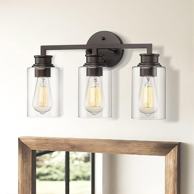 Emliviar 3-Light Oil Rubbed Bronze Vanity Light, Farmhouse Bronze Bathroom Light Fixture with Clear Glass Shade, YCE253B-3W ORB