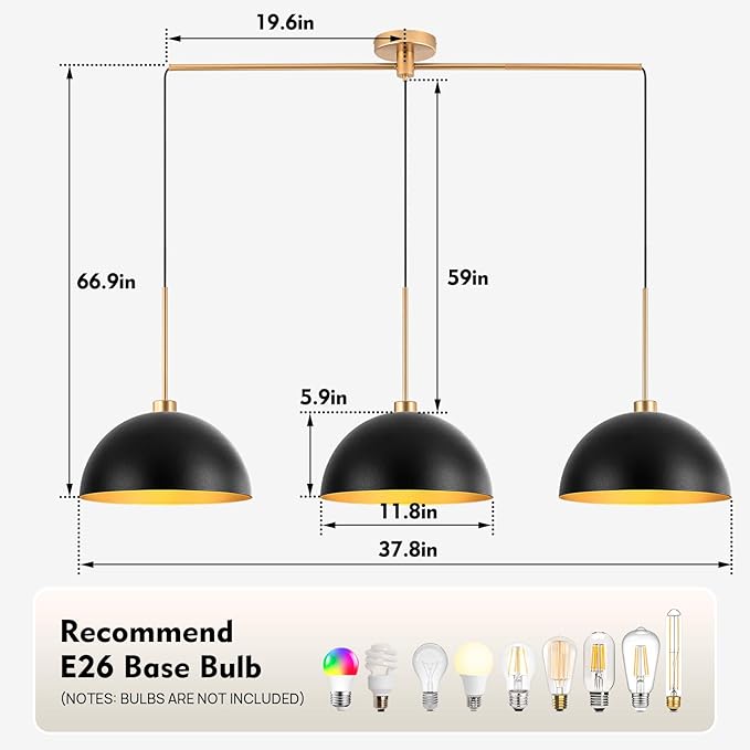 Farmhouse Pendant Lights, 3-Light Black and Gold Dome Pendant Light Fixtures,Industrial Kitchen Island Lighting for Dining Room Bar, E26 Base