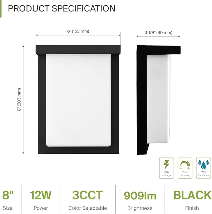 ASD LED 8" Outdoor Wall Light, Front Door House Sconce | 3CCT, Dimmable, Waterproof, ETL Listed | 12W 900LM 3000-5000K 120V | Exterior Patio Lighting Fixture, Flush Mount Porch Lamp | Black, 4 Pack