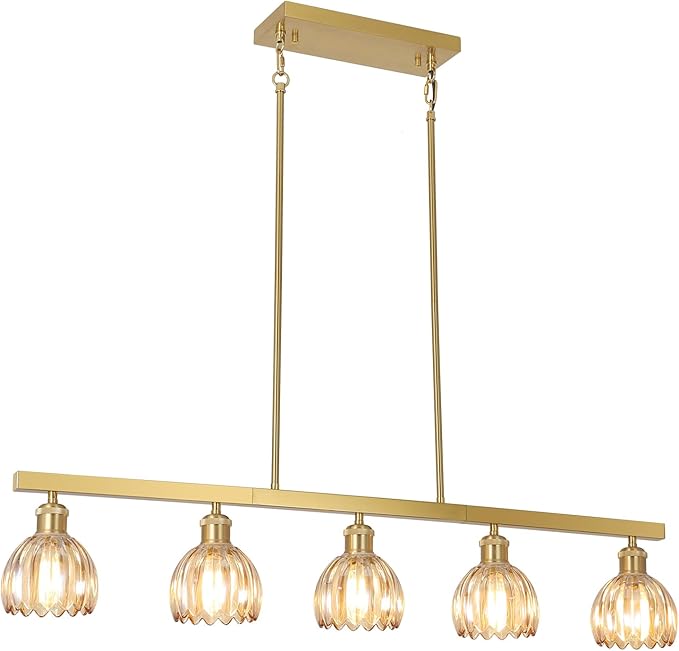Modern Flower Dining Room Light Fixture, Gold Chandelier for Entryway, 5-Light Kitchen Island Lighting Hanging Pendant Light Fixtures, Glass Chandelier Flower Lamp for Foyer Bedroom Living Room（Amber）